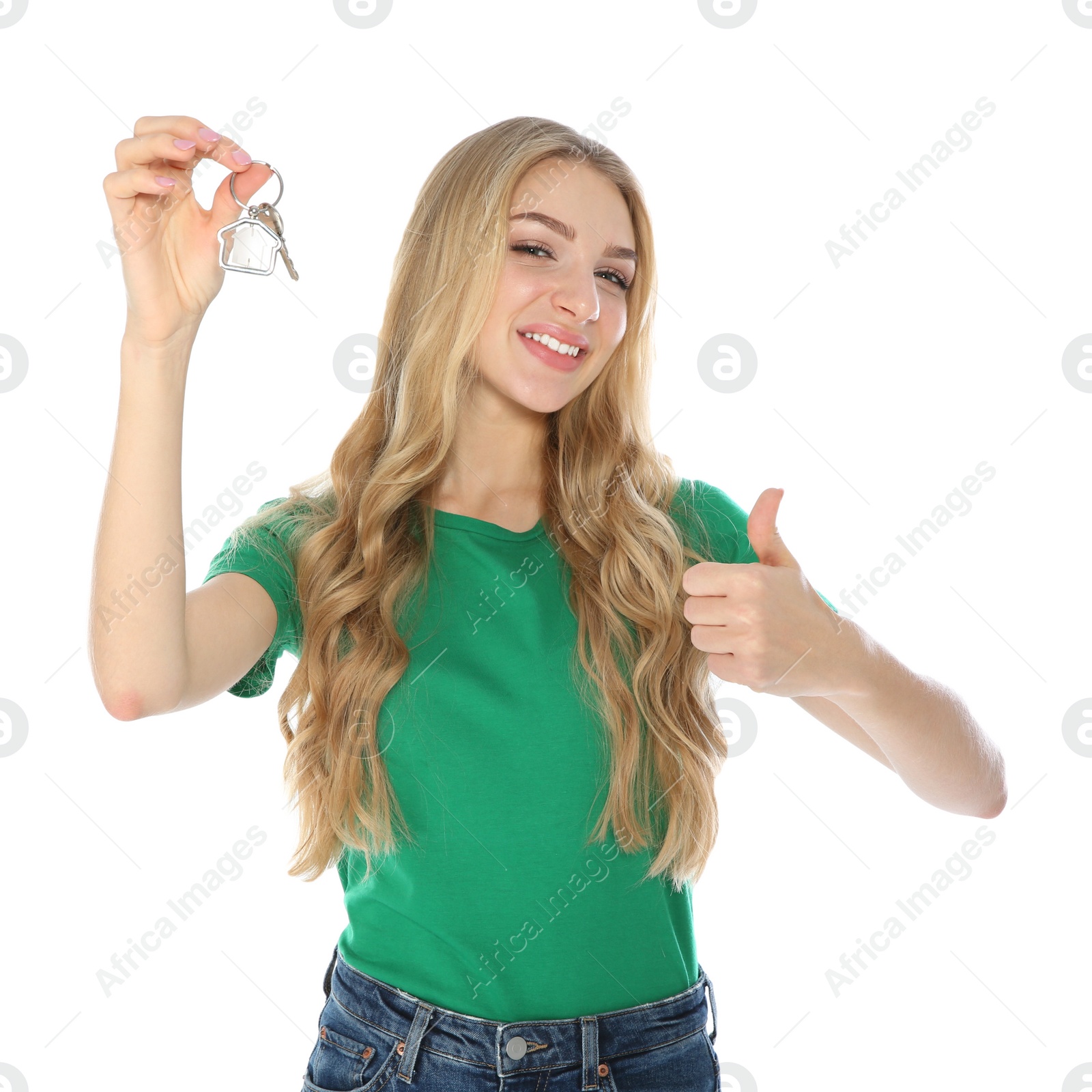 Photo of Happy young woman with house key on white background