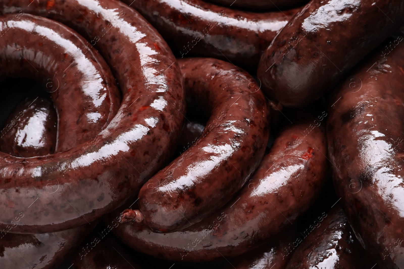 Photo of Tasty blood sausages as background, closeup view