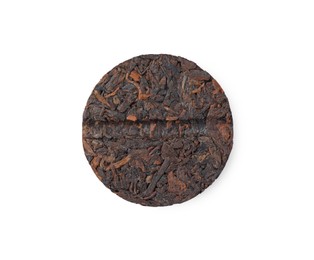 Photo of Disc shaped traditional Chinese pu-erh tea isolated on white, top view