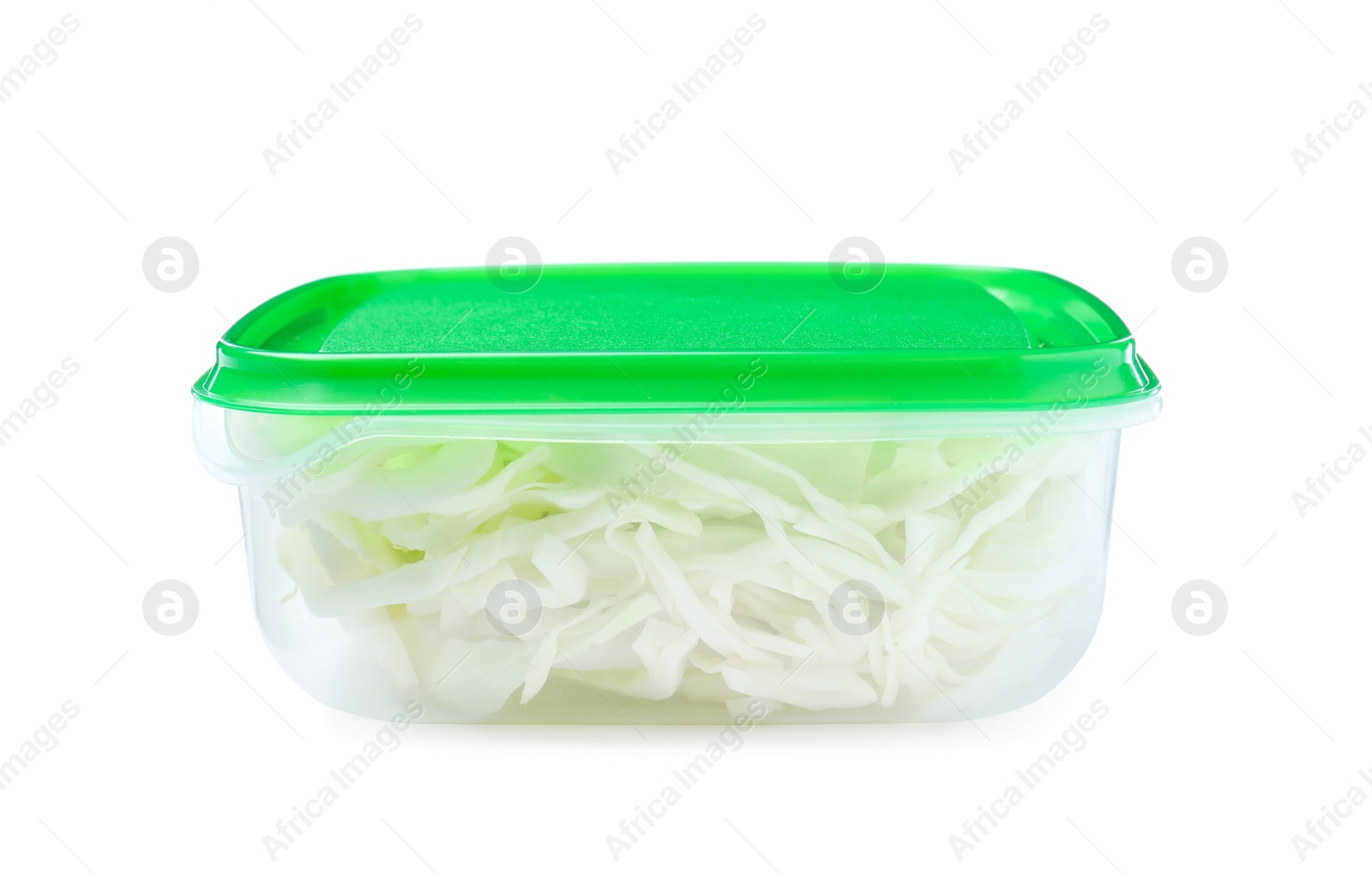 Photo of Fresh chopped cabbage in plastic container isolated on white