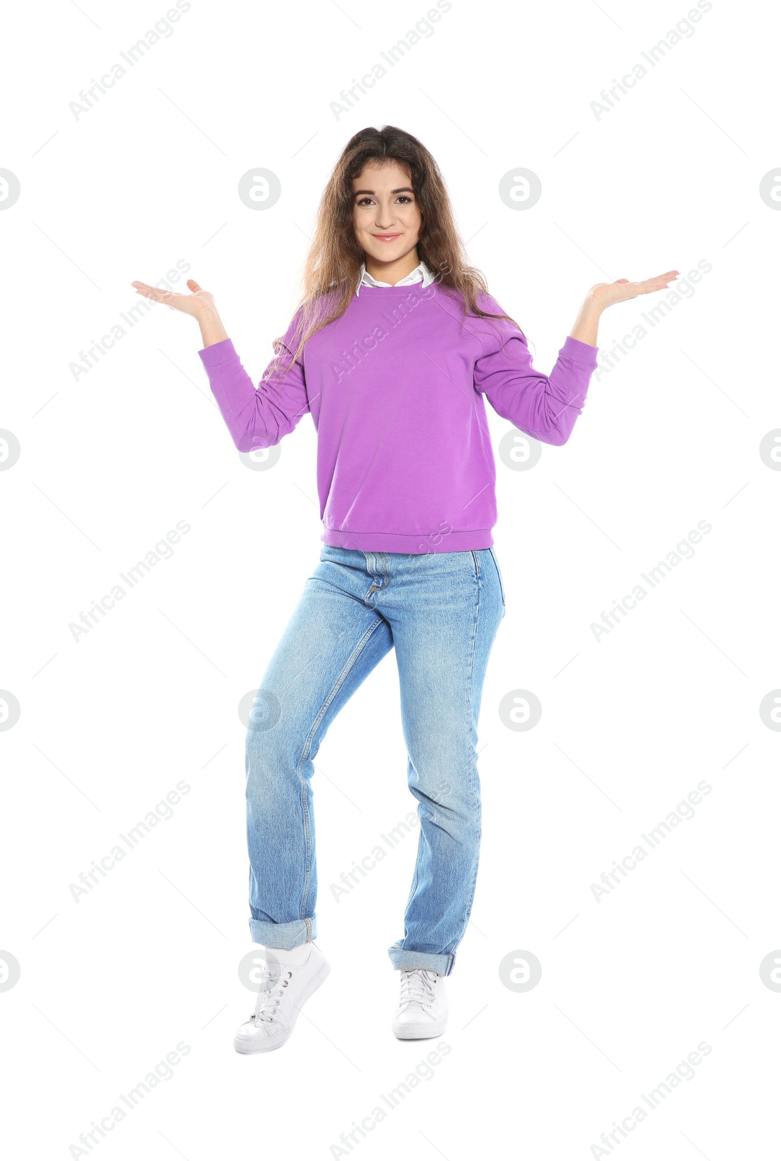 Photo of Beautiful young woman in stylish clothes on white background