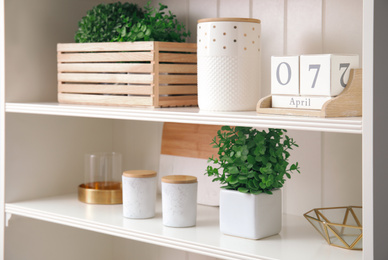 White shelving unit with plants and different decorative stuff