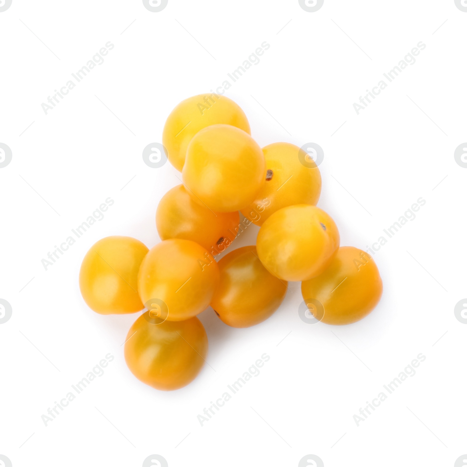 Photo of Delicious ripe yellow tomatoes isolated on white, top view