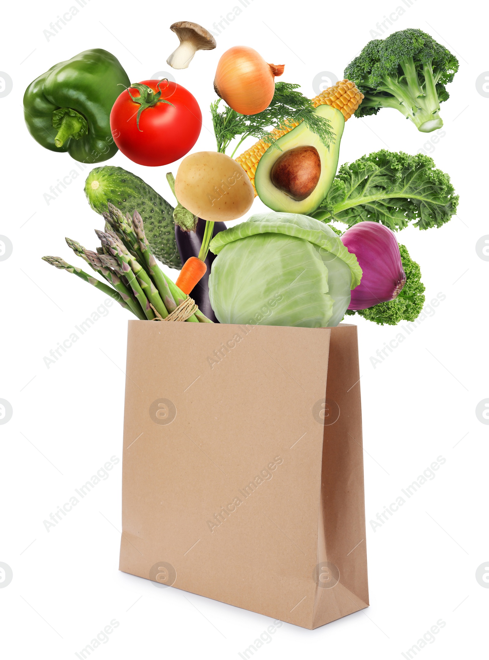 Image of Paper bag with vegetables on white background. Vegetarian food 