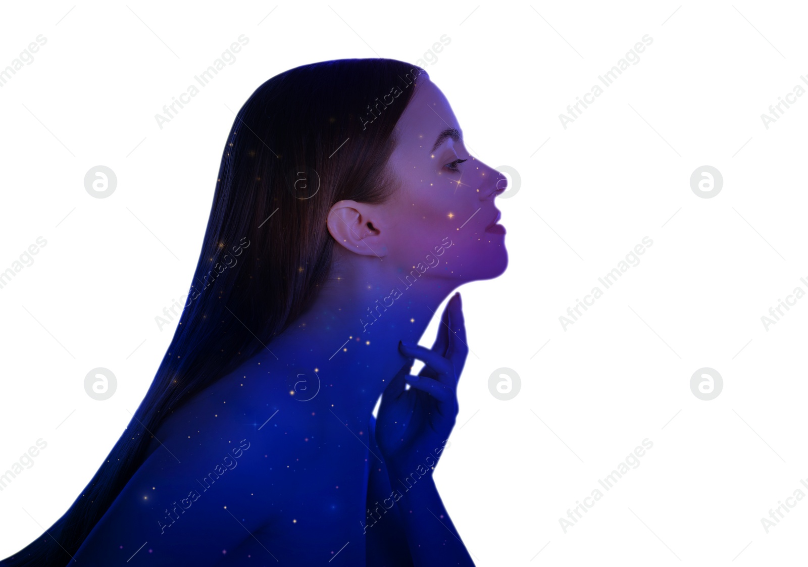 Image of Universe hidden in human, mindfulness, imagination, art, creativity, inner power concepts. Silhouette of woman and starry sky or galaxy on white background, double exposure