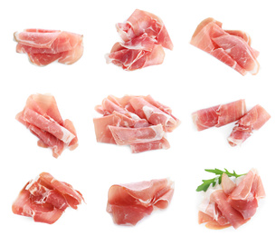 Set of delicious sliced jamon on white background