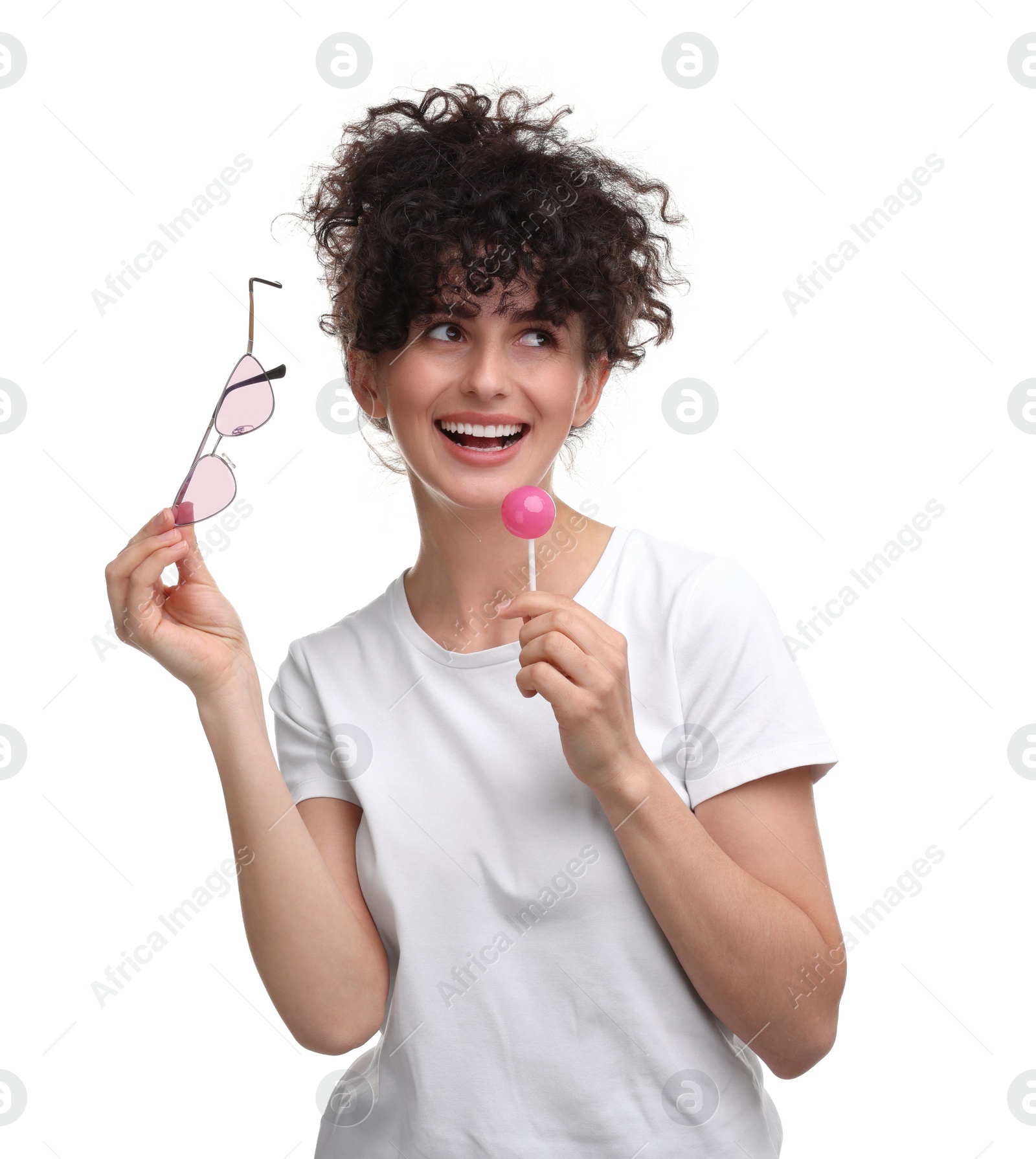 Photo of Beautiful woman with lollipop and sunglasses on white background