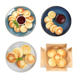 Set with delicious cottage cheese pancakes on white background, top view