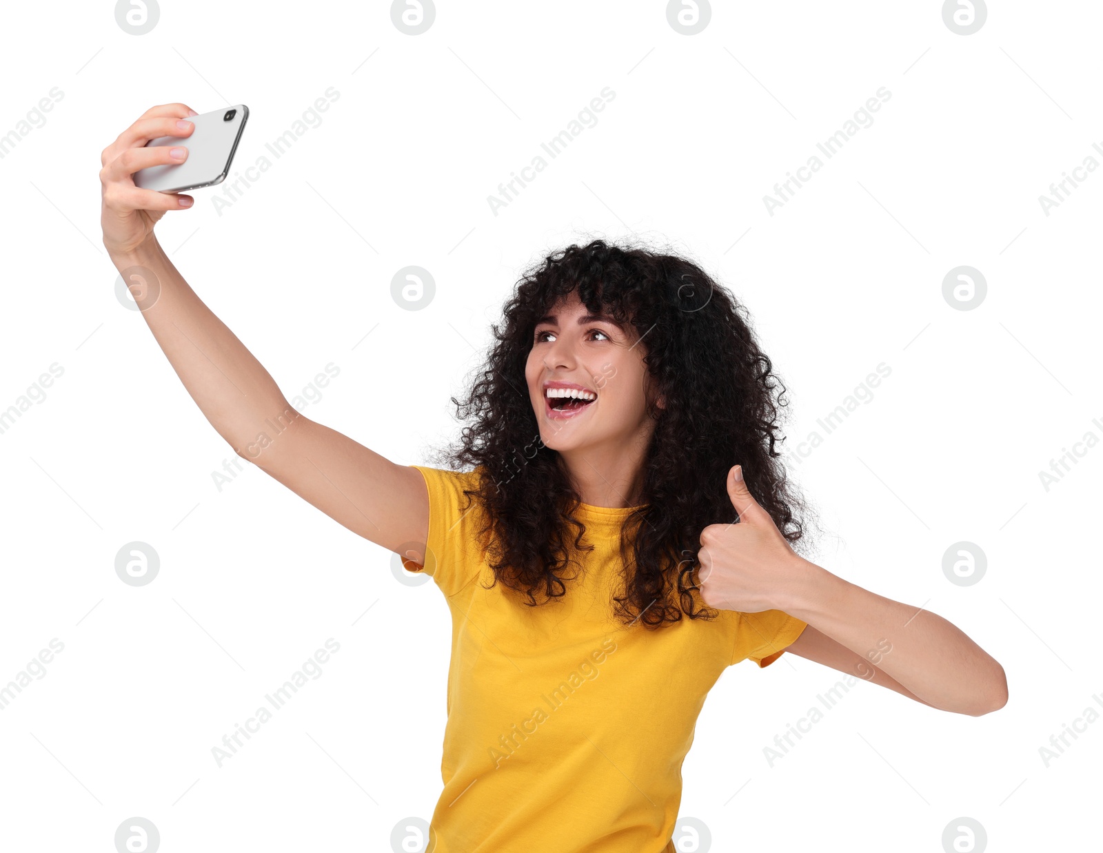 Photo of Beautiful young woman taking selfie on white background