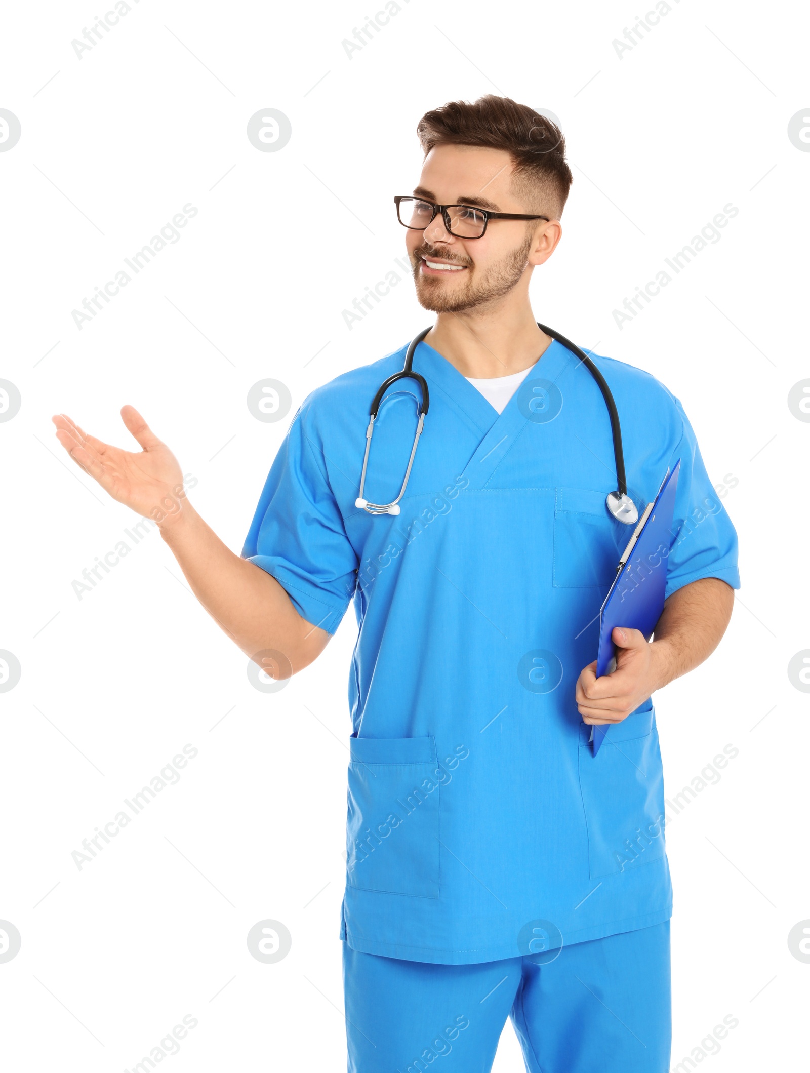 Photo of Portrait of medical doctor with clipboard and stethoscope isolated on white