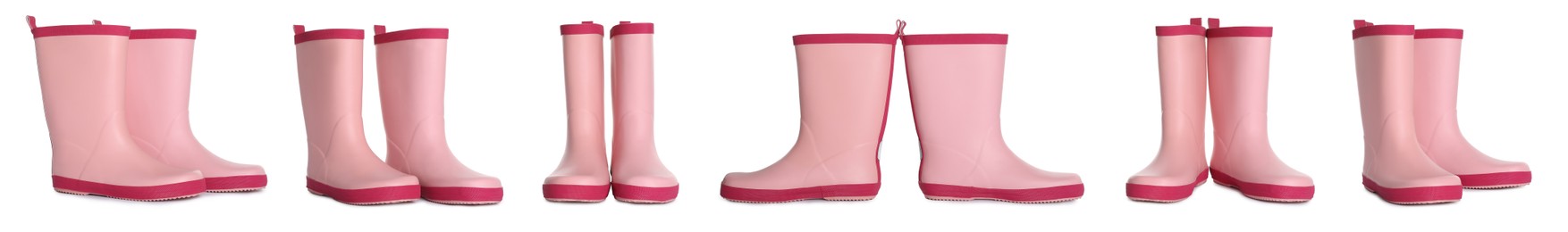 Image of Set with pink rubber boots on white background. Banner design
