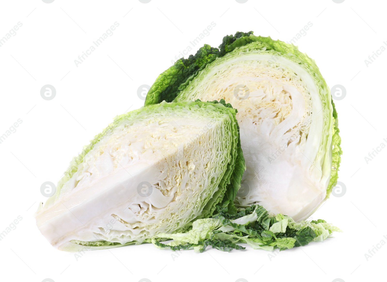 Photo of Cut fresh ripe savoy cabbage on white background