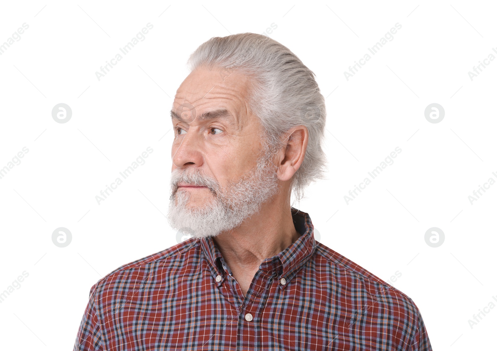 Photo of Portrait of stylish grandpa on white background