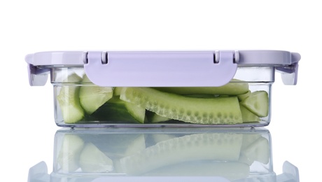 Photo of Box with cut fresh raw cucumbers on white background