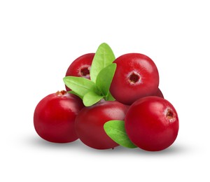 Fresh ripe cranberries with leaves isolated on white