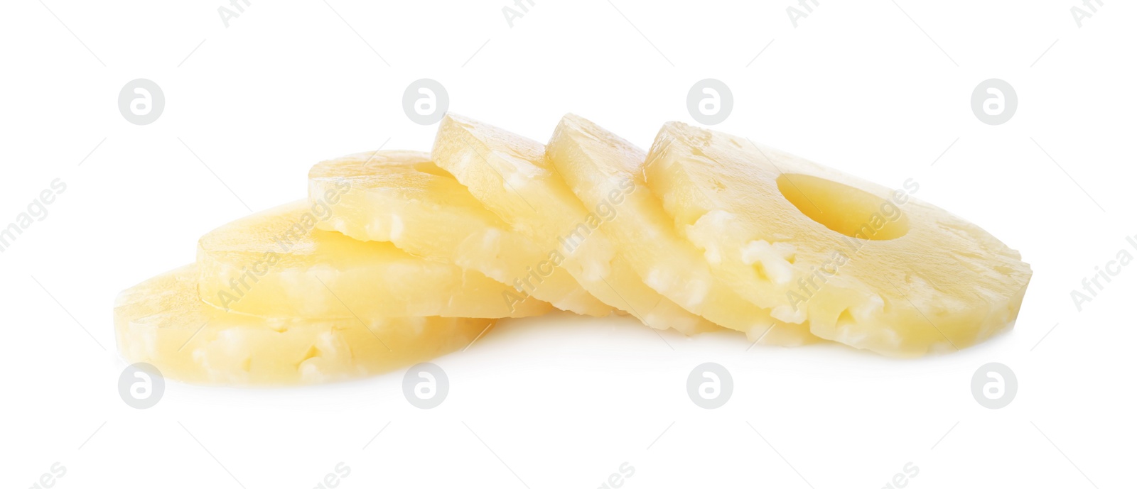 Photo of Delicious canned pineapple rings on white background