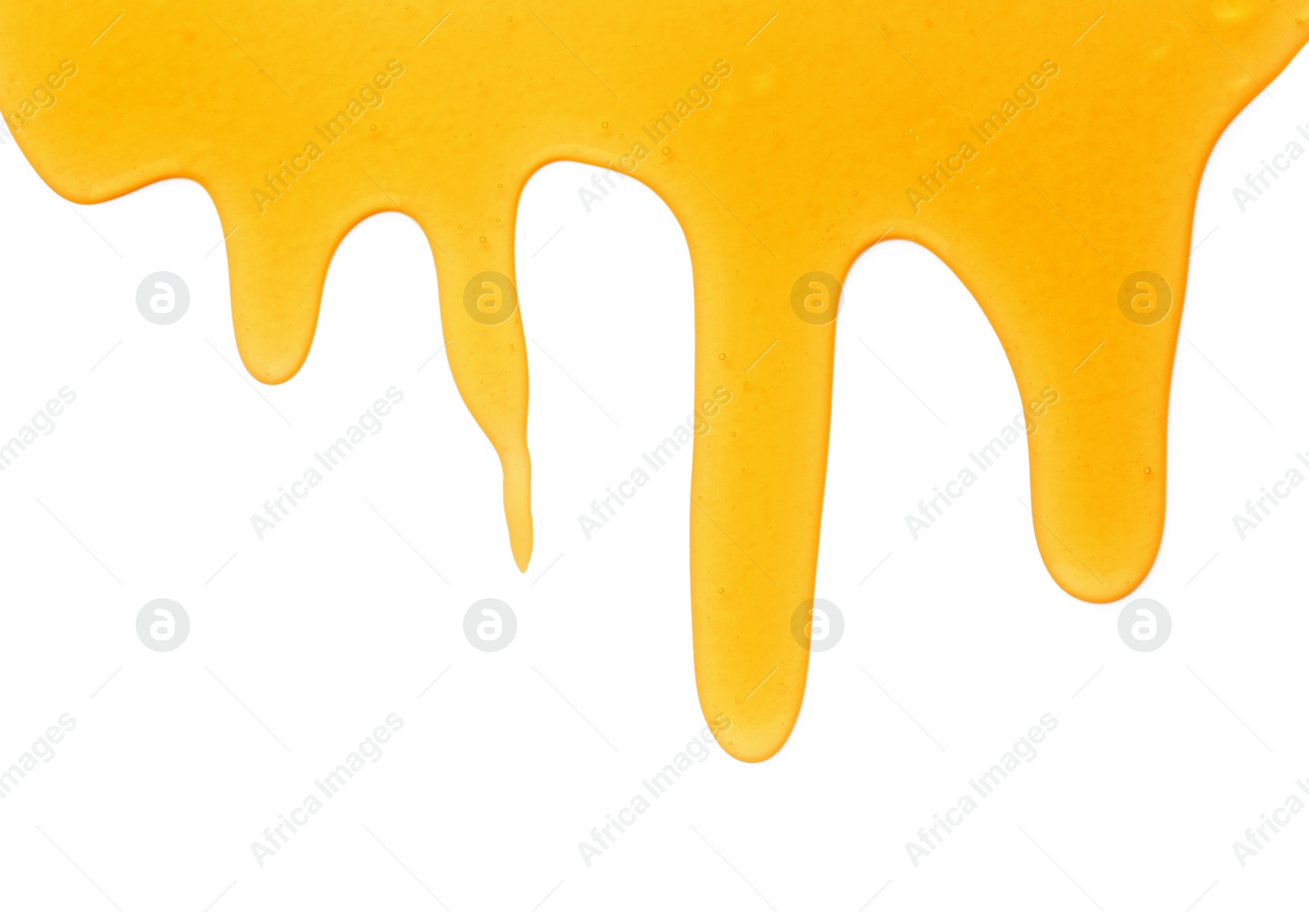 Photo of Tasty natural honey drips isolated on white, top view