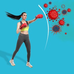 Sporty woman with boxing gloves exercising on light blue background. Strong immunity helping fight with viruses
