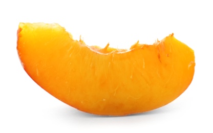 Slice of fresh sweet peach on white background