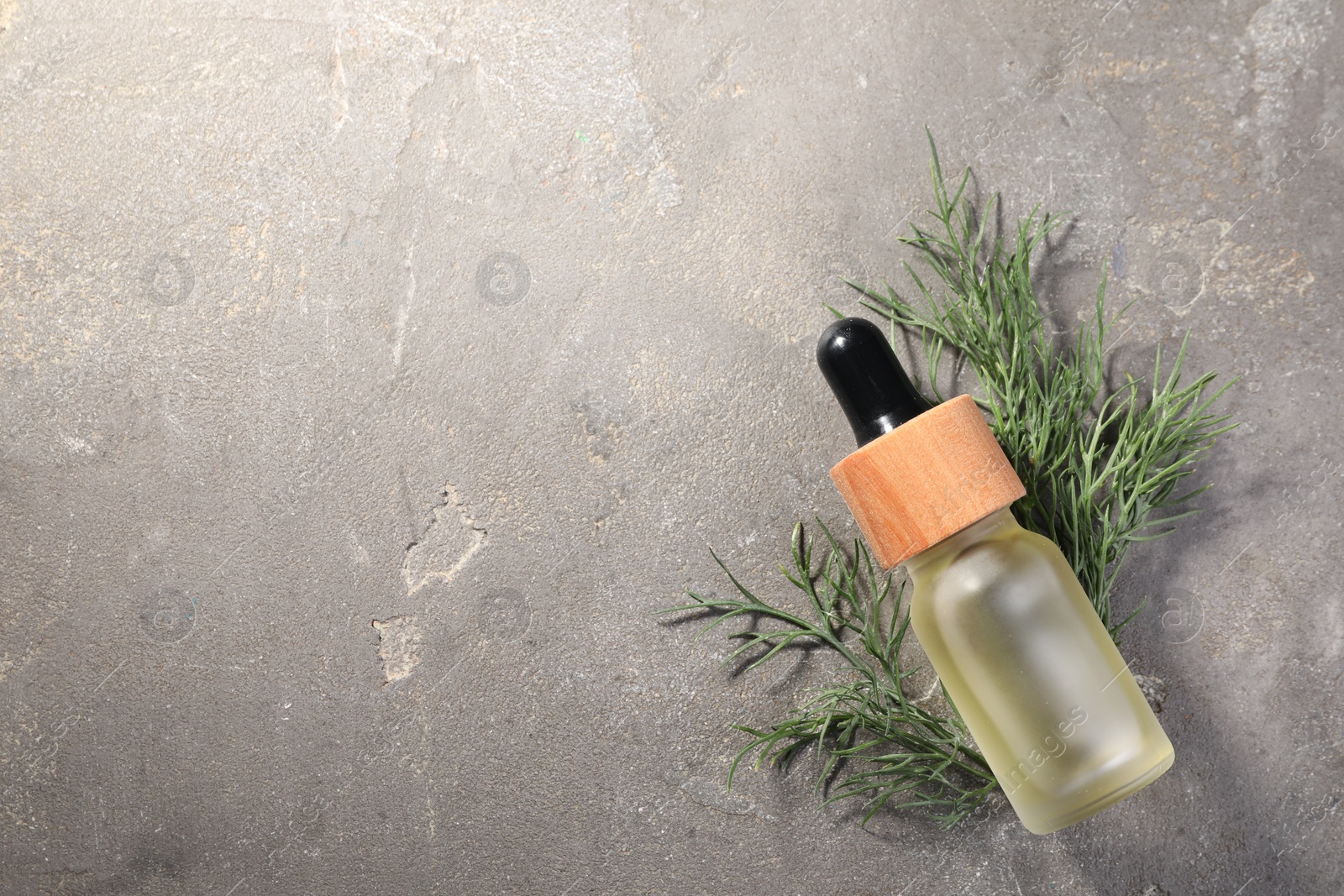 Photo of Bottle of essential oil and fresh dill on light gray textured table, flat lay. Space for text