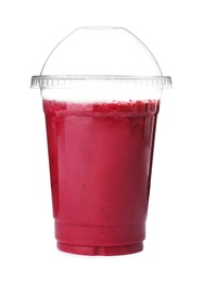 Plastic cup with delicious detox smoothie on white background