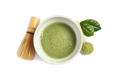 Photo of Cup of fresh matcha tea, spoon with green powder and bamboo whisk isolated on white, top view