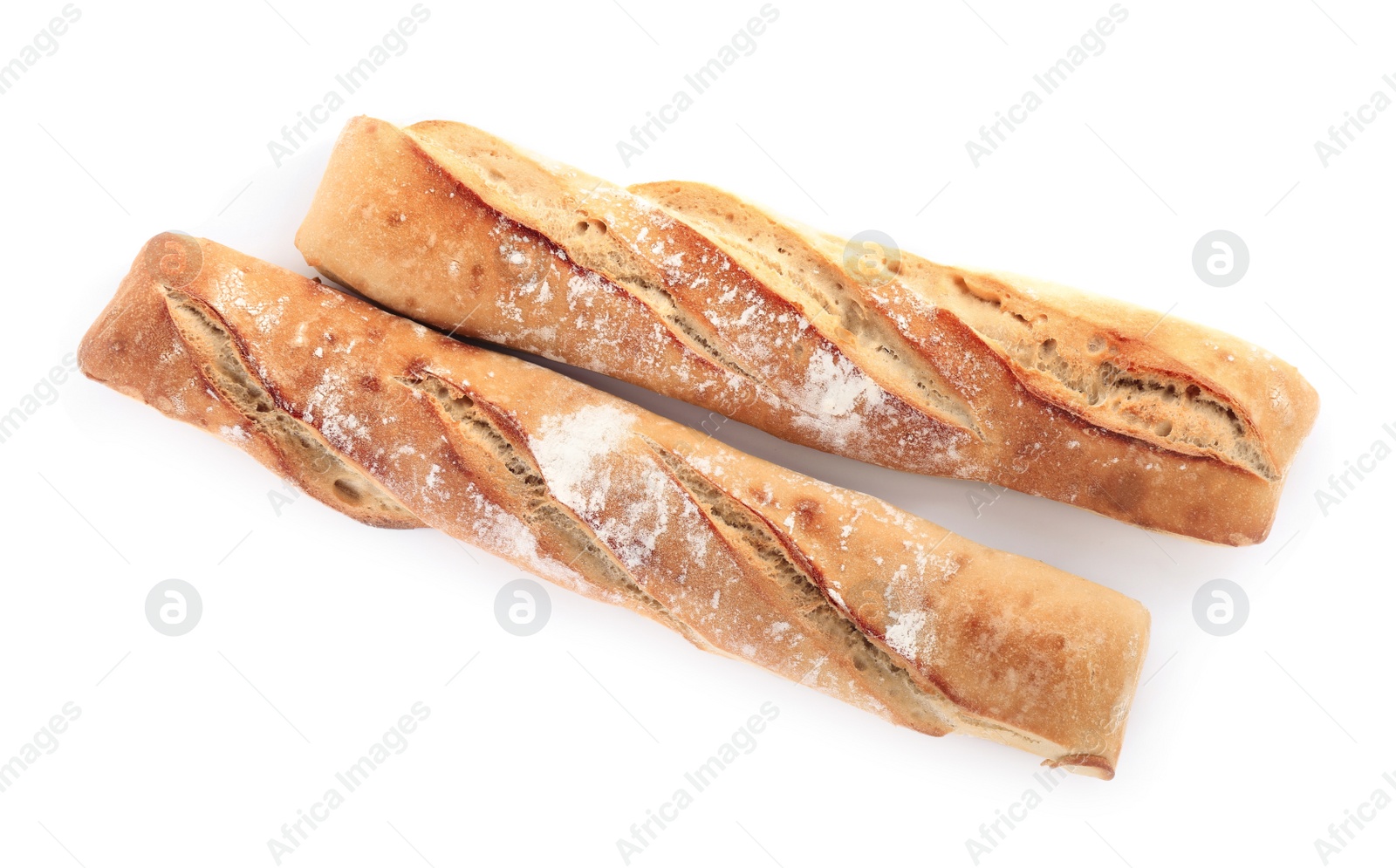 Photo of Tasty baguettes on white background, top view. Fresh bread