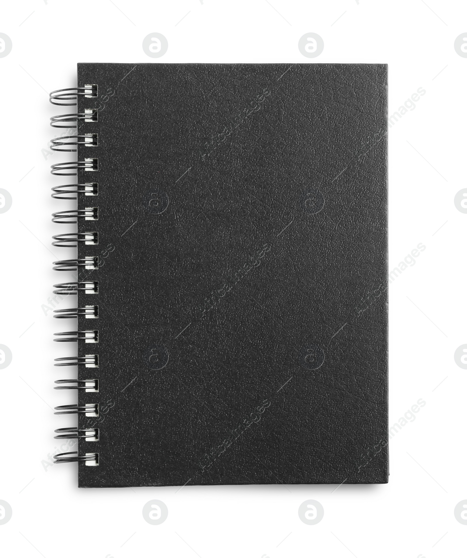 Photo of One notebook with black cover isolated on white, top view