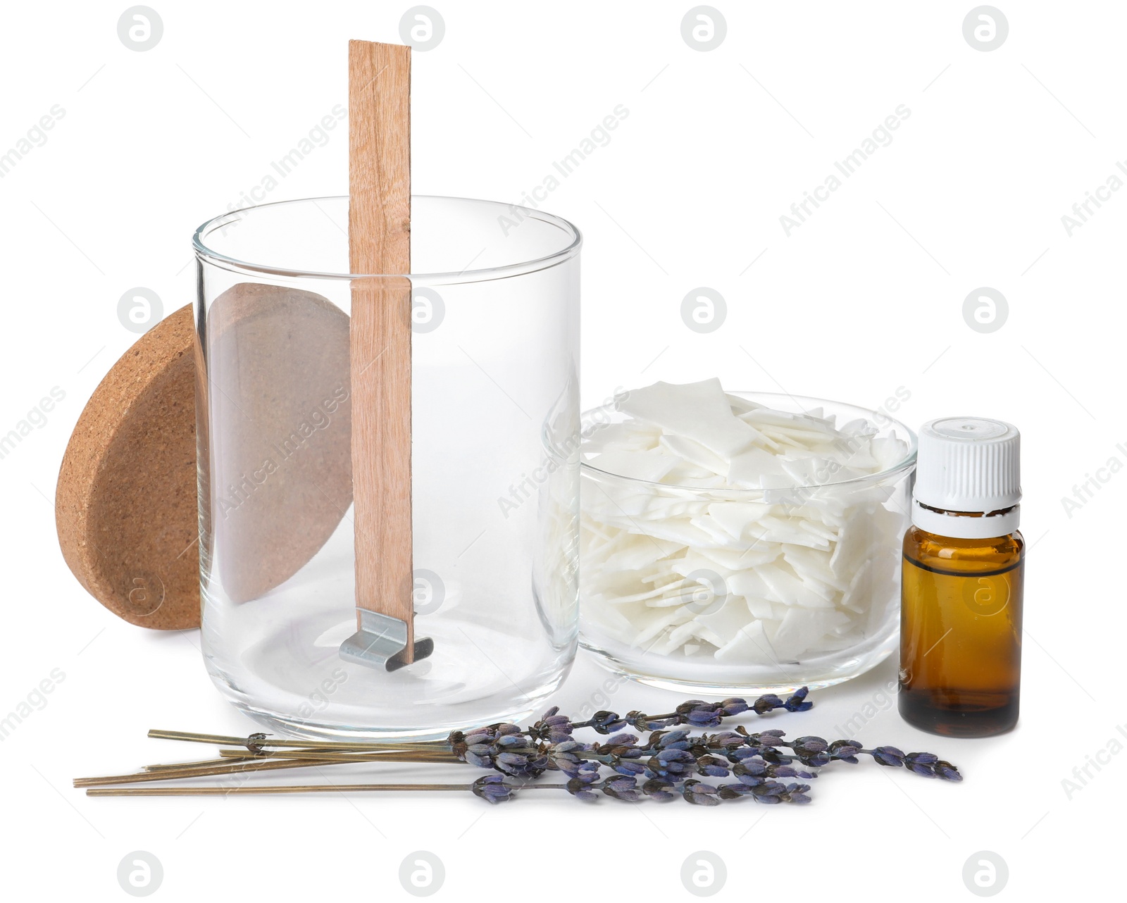 Photo of Wax flakes, dry lavender and essential oil on white background. Making homemade candle