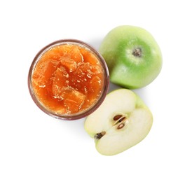 Glass jar of delicious apple jam and fresh fruits isolated on white, top view