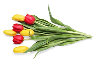 Photo of Beautiful colorful tulips on white background, top view