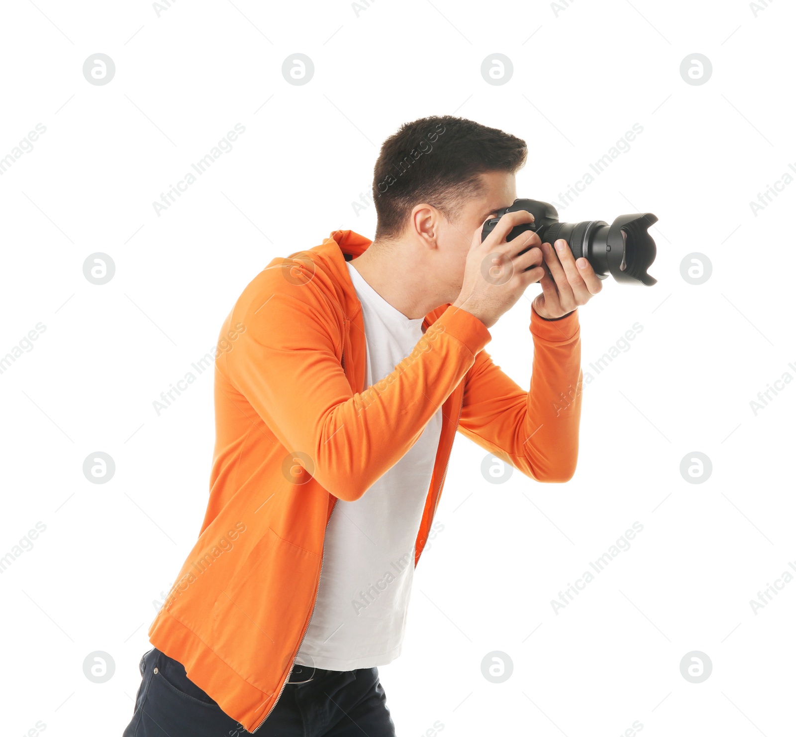 Photo of Male photographer with camera on white background