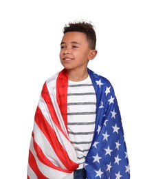 4th of July - Independence day of America. Happy kid with national flag of United States on white background