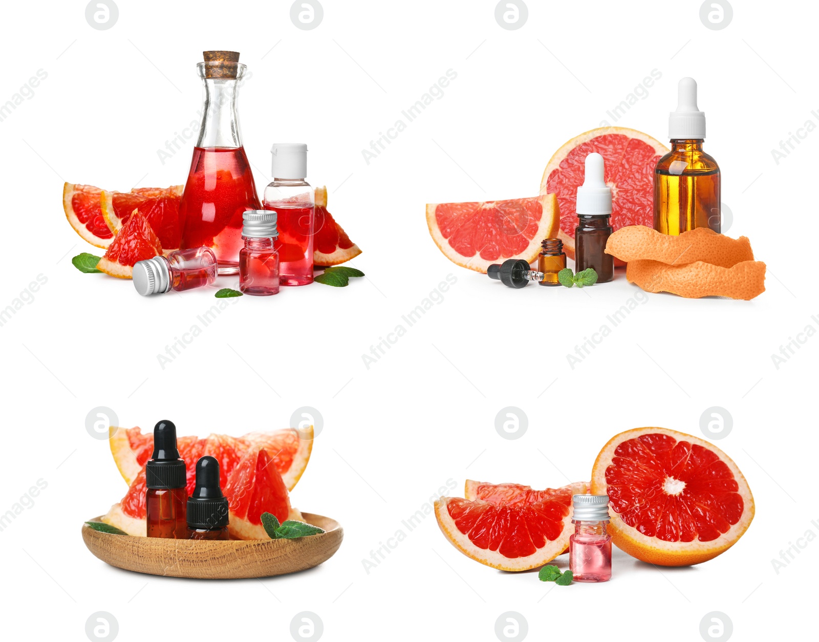 Image of Set with bottles of essential oils and fresh grapefruits on white background