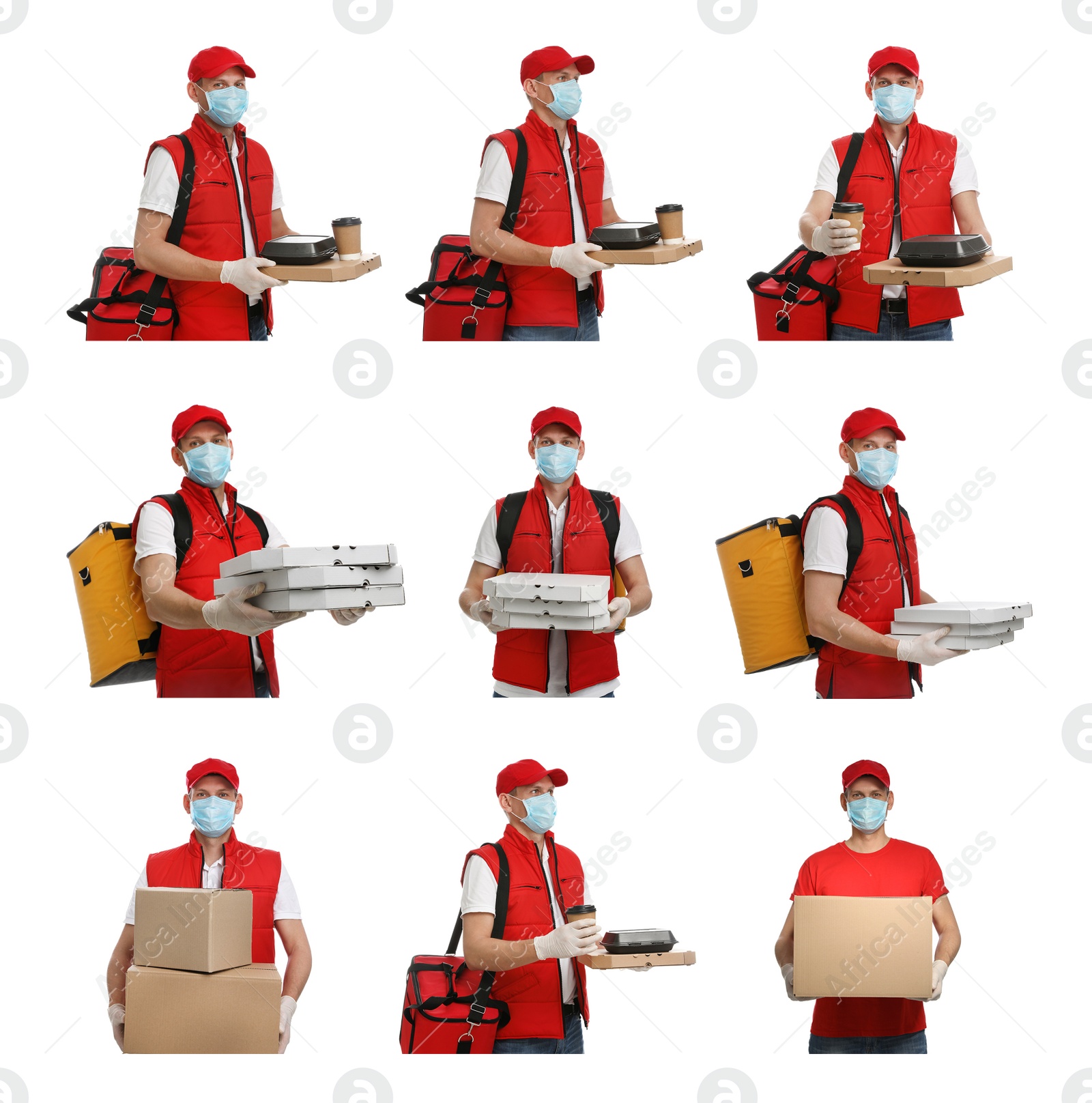 Image of Collage with photos of courier in protective mask holding orders and boxes on white background. Delivery service during coronavirus quarantine