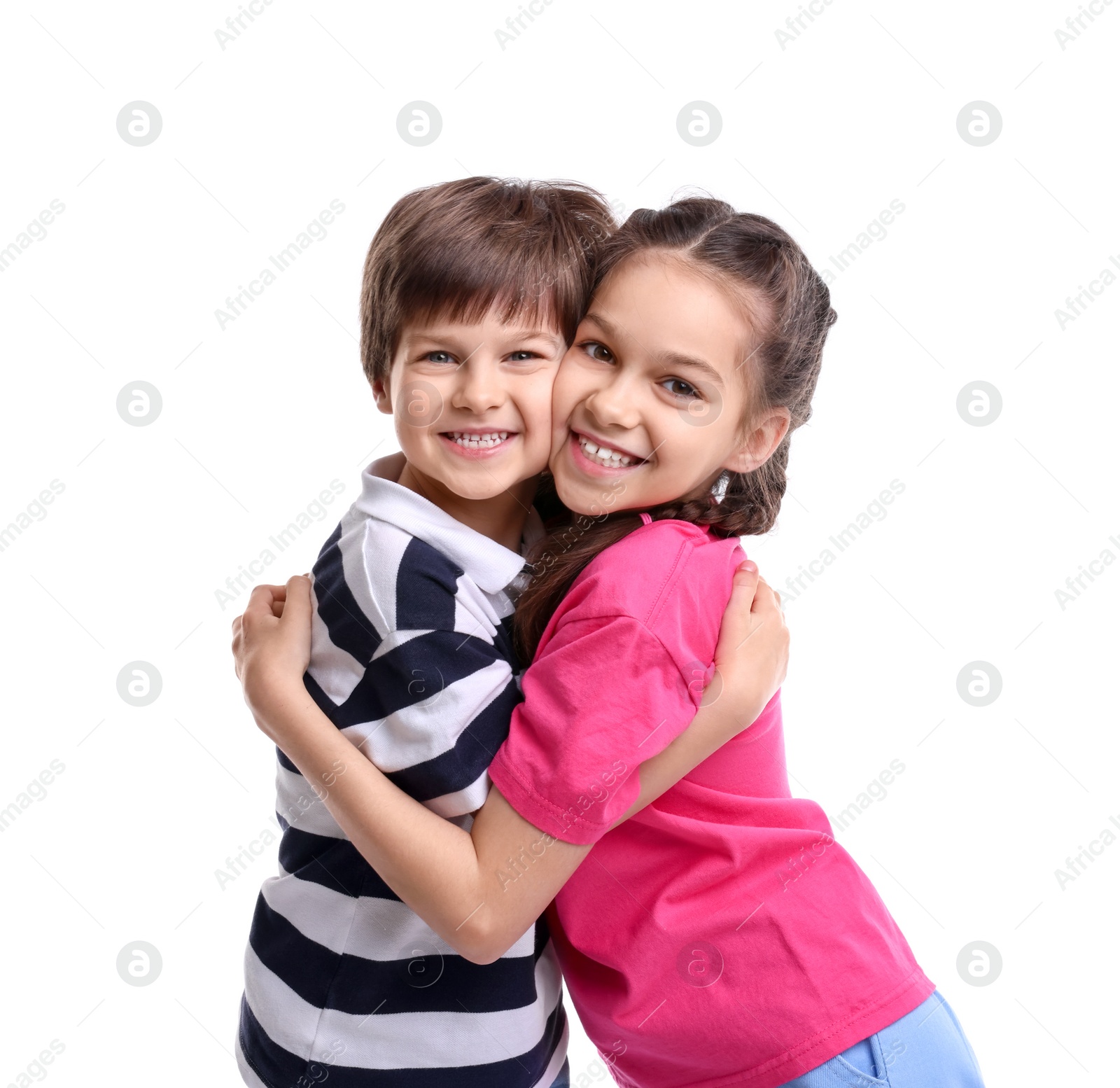 Photo of Happy brother and sister hugging on white background