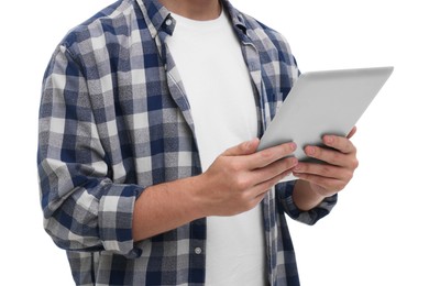 Photo of Man with tablet on white background, closeup