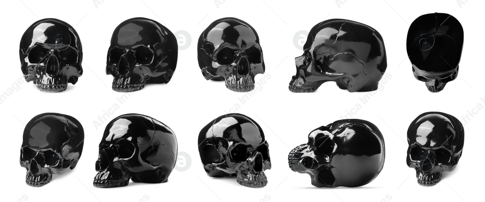 Image of Set with models of black human skull on white background. Banner design