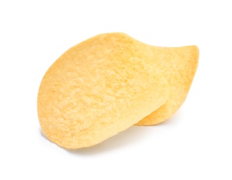 Tasty crispy potato chips on white background