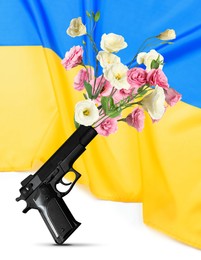 Image of Beautiful blooming flowers, handgun and Ukrainian national flag on white background. Peace instead of war