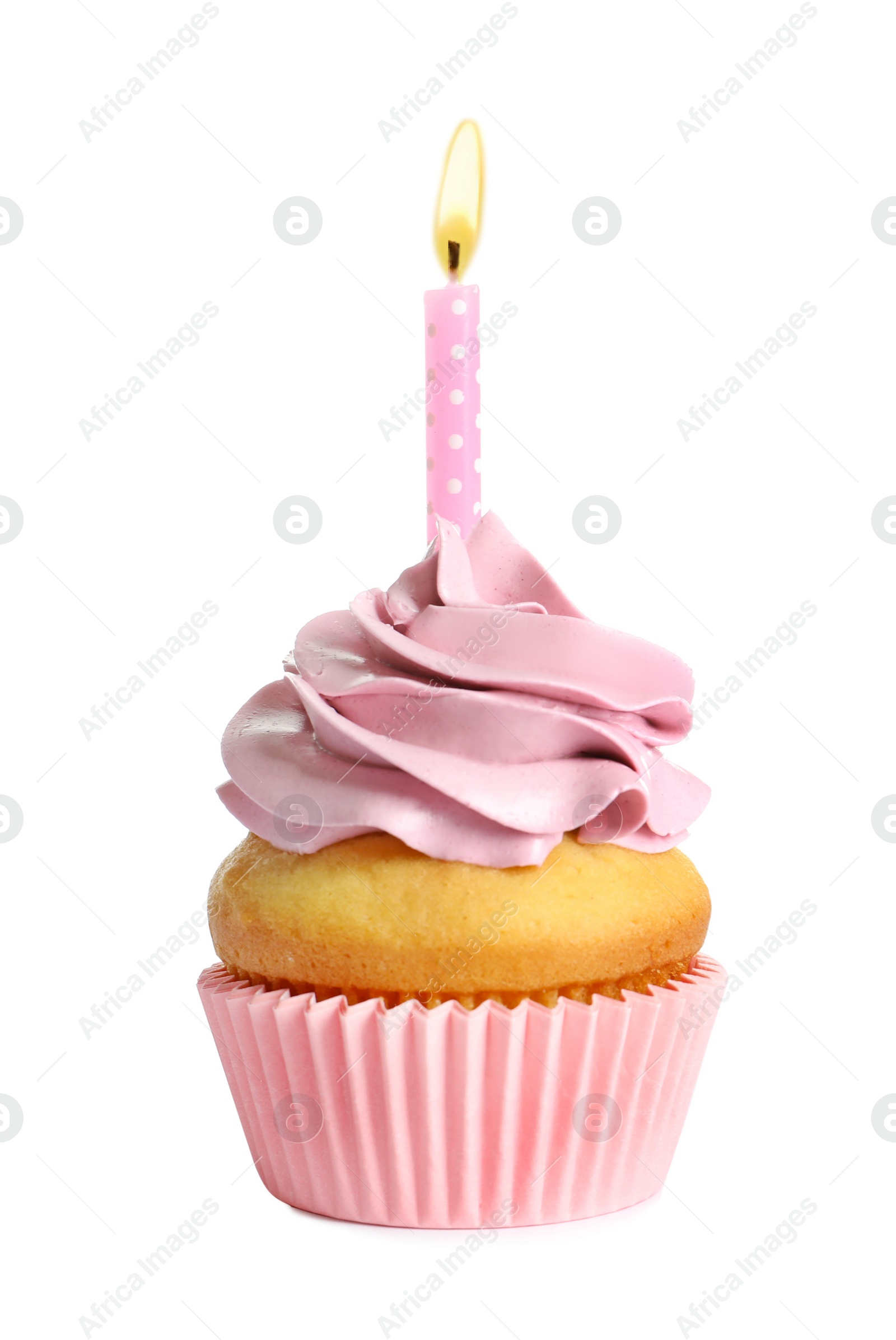 Photo of Delicious birthday cupcake with candle on white background