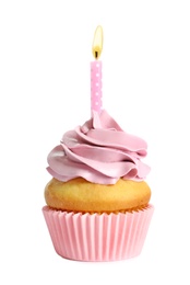 Photo of Delicious birthday cupcake with candle on white background