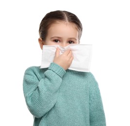 Photo of Girl blowing nose in tissue on white background, space for text. Cold symptoms