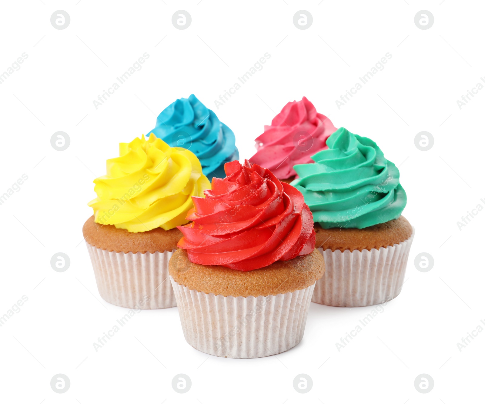 Photo of Different delicious colorful cupcakes on white background