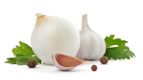 Photo of Garlic, onion, allspice and parsley on white background