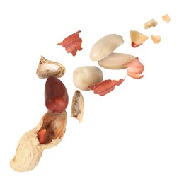 Image of Peanuts and crushed pod in air on white background