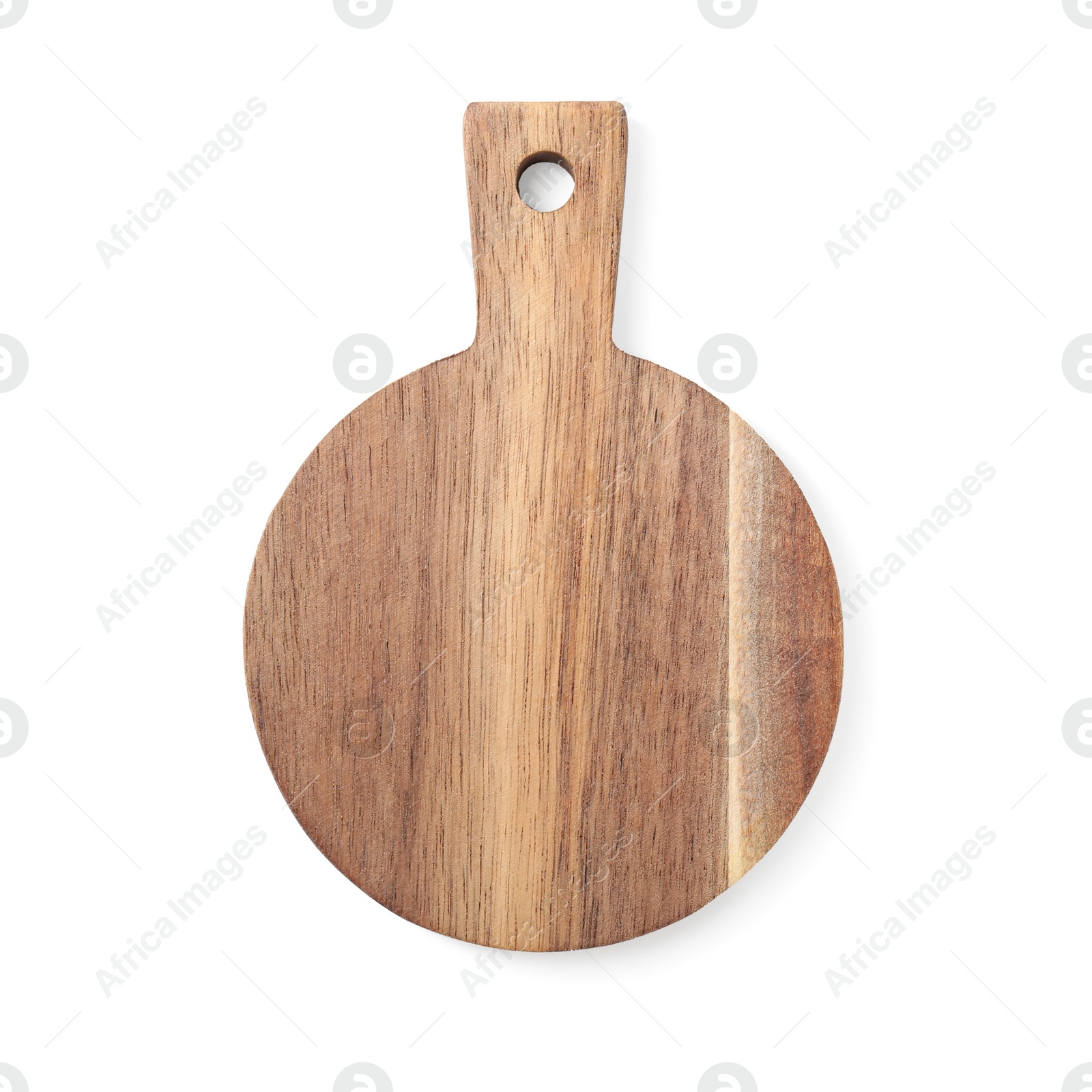 Photo of One wooden cutting board on white background, top view