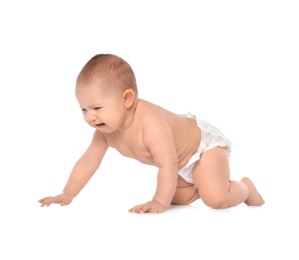 Cute little baby crawling on white background