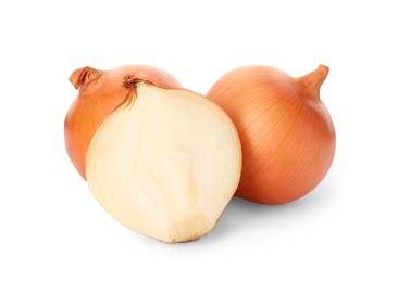 Photo of Whole and cut onions on white background