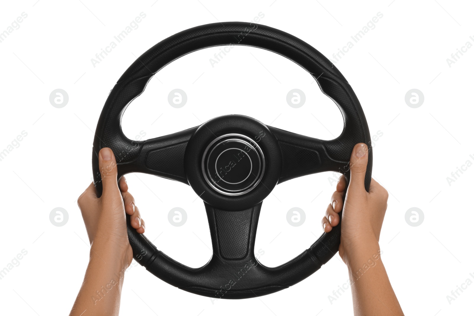 Photo of Woman with steering wheel on white background, closeup